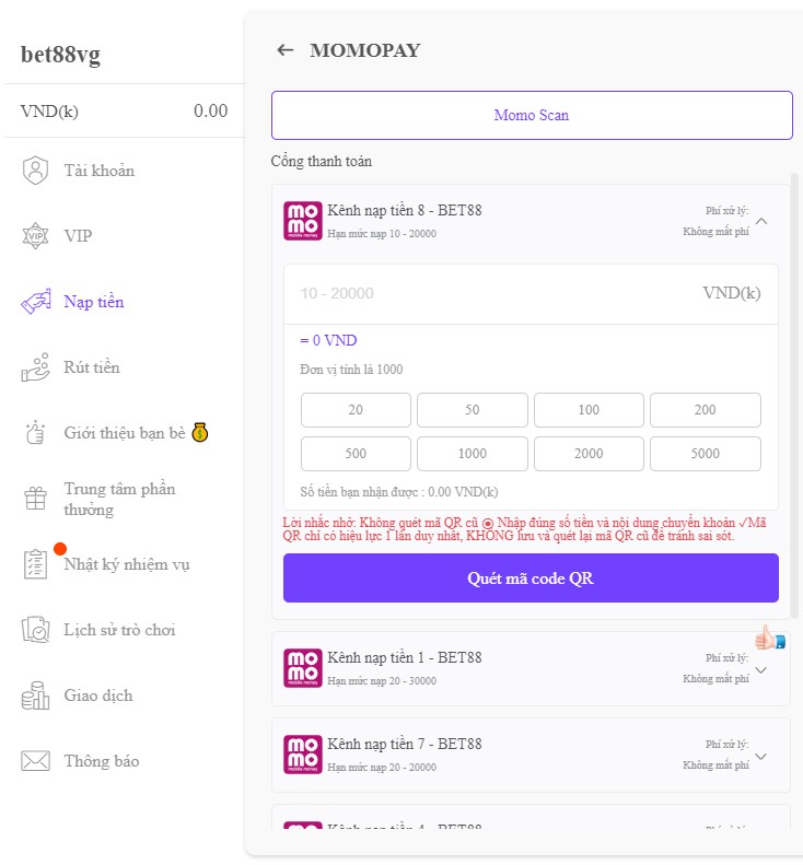 Nạp tiền Bet88 hỗ trợ nạp tiền thông qua ví điện tử